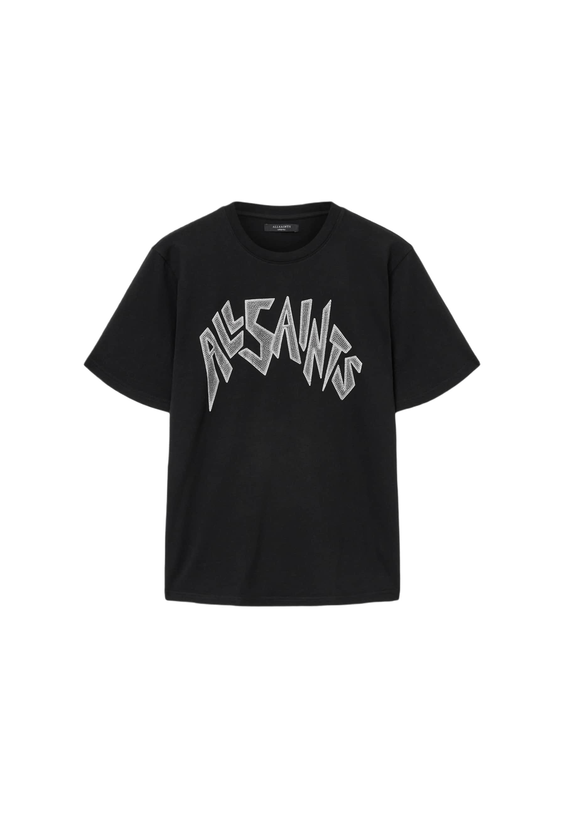Schwarzes Baumwoll-T-Shirt mit kurzen Ärmeln und Rundhalsausschnitt, ausgestattet mit einem auffälligen, grafischen "ALLSAINTS"-Logo in Silber.