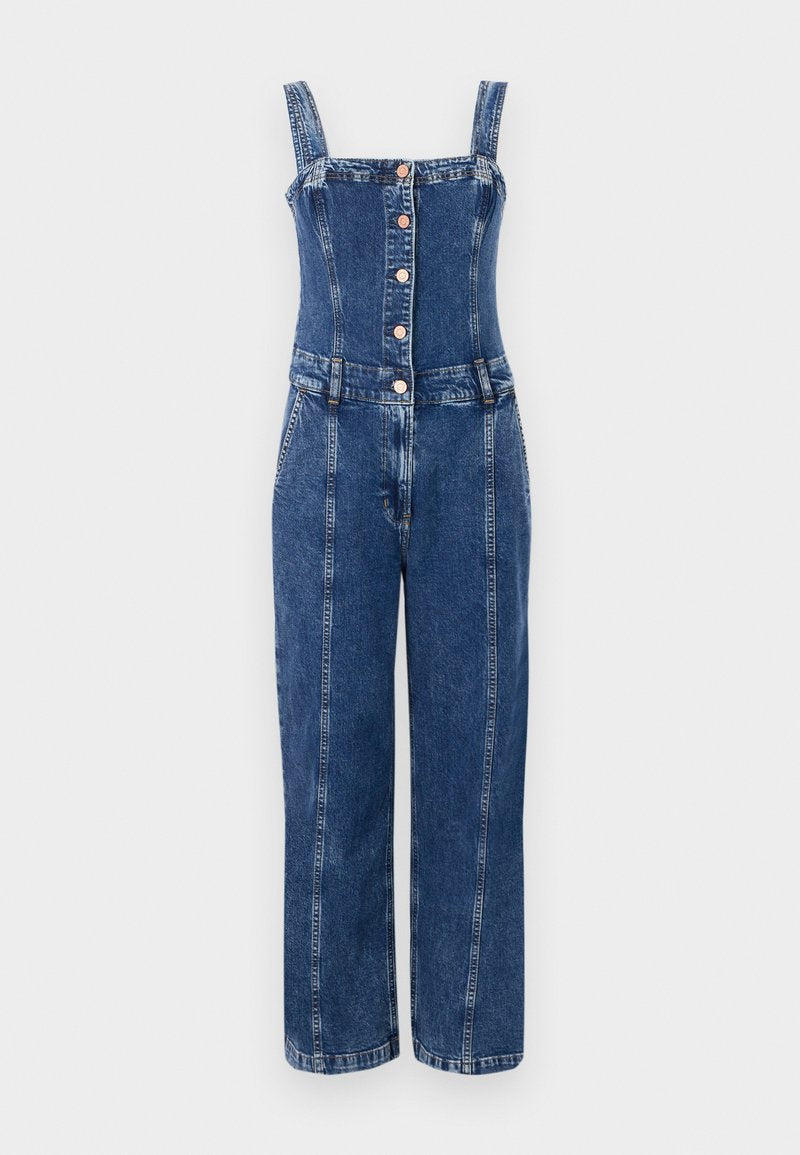Jeans-Overall-Jumpsuit mit tailliertem Oberteil, geradem Bein, verstellbaren Trägern, vorderen Knöpfen und einer mittleren blauen Wäsche mit Kontrastnähten.
