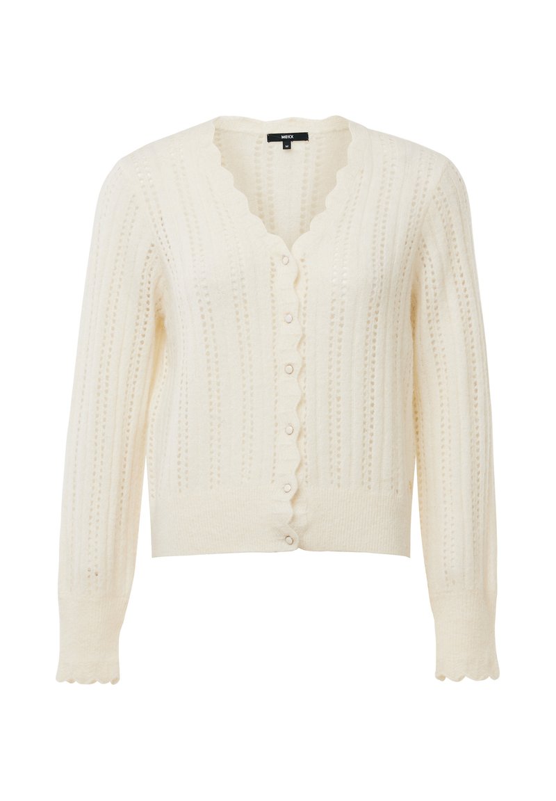 Cremefarbener Cardigan aus strukturiertem Strickstoff. Mit einem gewellten Ausschnitt und Bündchen, Knöpfen auf der Vorderseite und einem gerippten Saum.