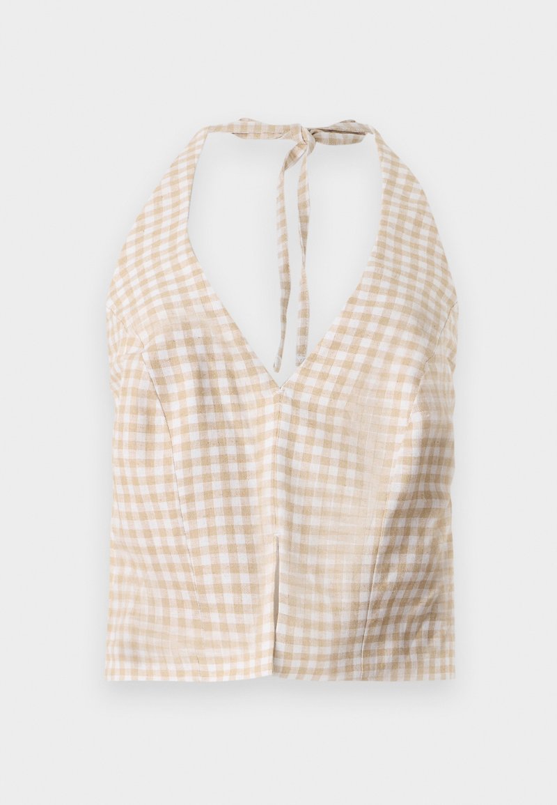 Beige und weiße Karo-geschnittene Haltertop mit tiefem V-Ausschnitt, Bindebandverschluss und leichter Textur. Zwei kleine Frontnähte sorgen für Details.