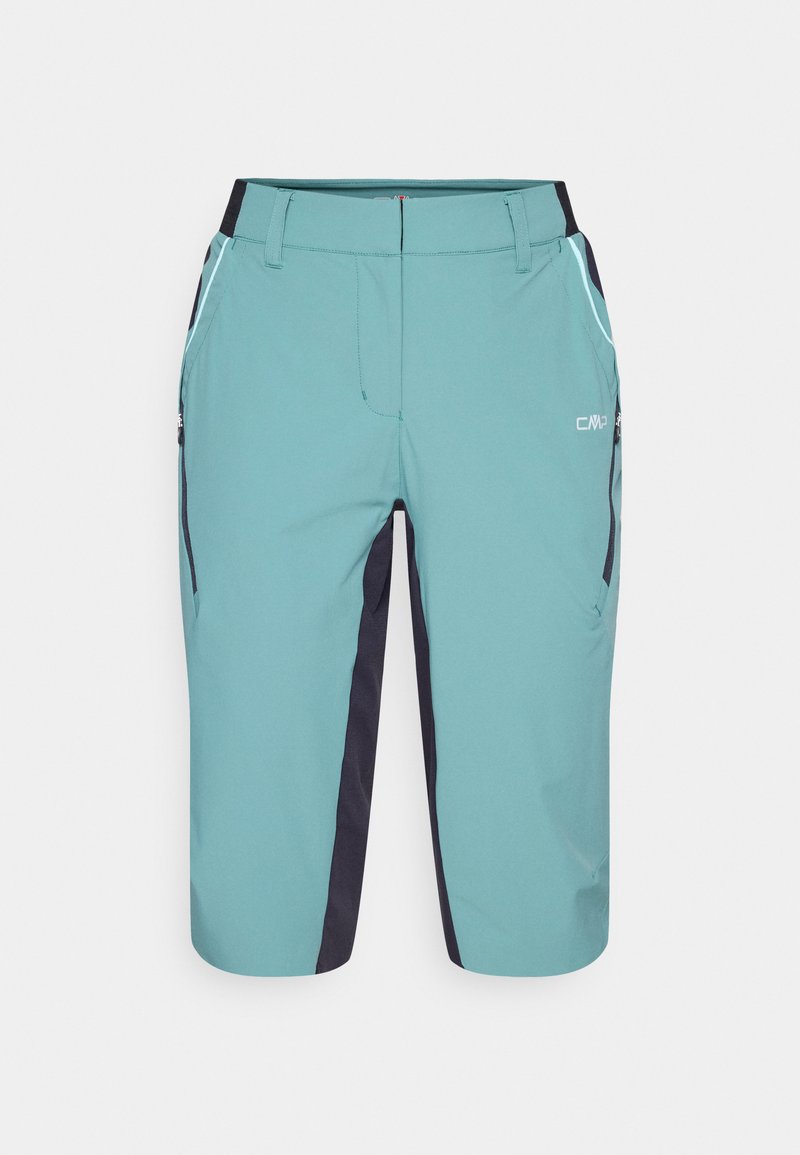 Hellblaue knielange Shorts mit schwarzen Seitenpaneelen, Reißverschlusstaschen, Gürtelschlaufen und weißem CMP-Logo am rechten Oberschenkel.