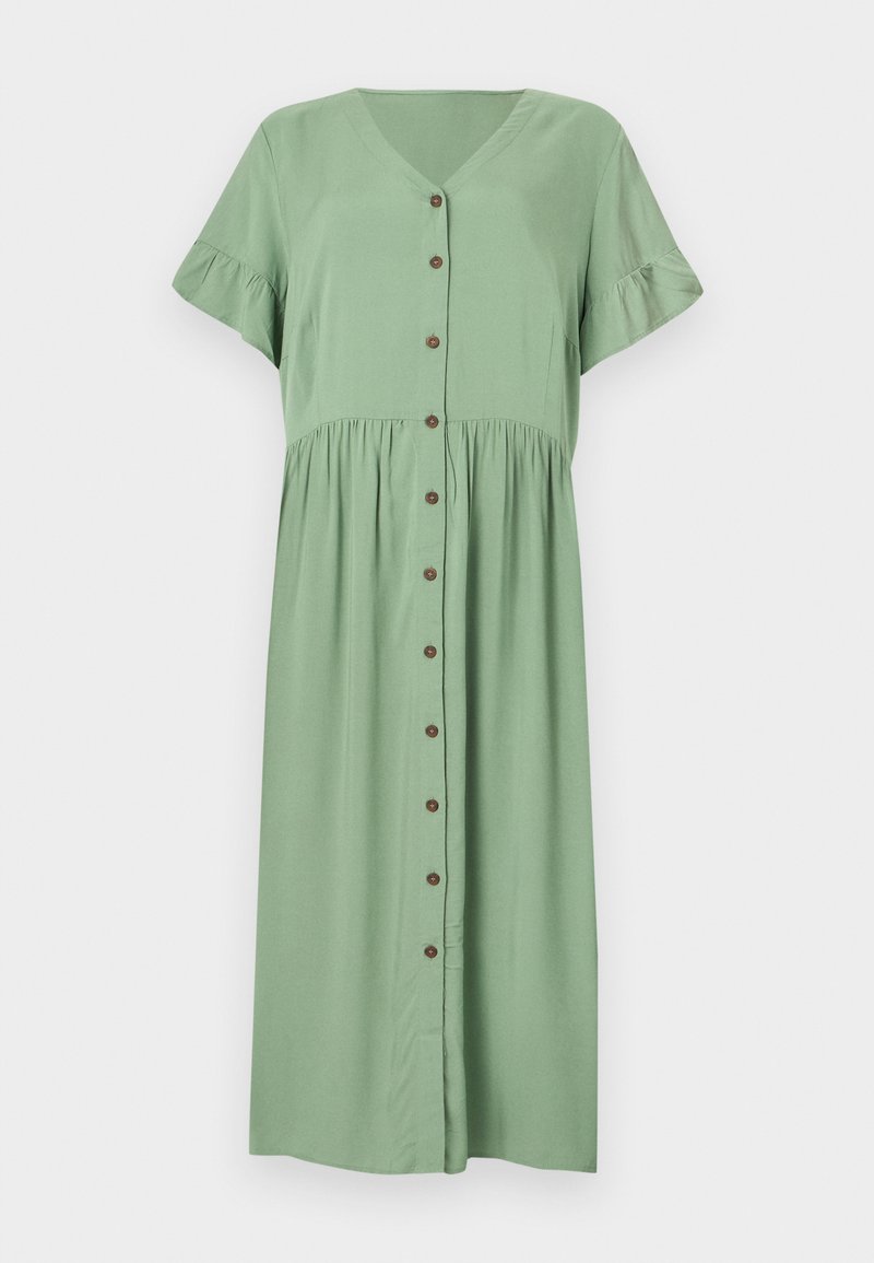 Hellgrünes Midikleid mit kurzen Rüschärmeln, V-Ausschnitt und einer vorderen Knopfleiste mit braunen Knöpfen.