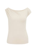 Beige Off-Shoulder-T-Shirt aus weichem Stoff, mit drapiertem Detail an der Schulter und einer figurschmeichelnden Silhouette, kurzen Ärmeln und einer glatten Textur.