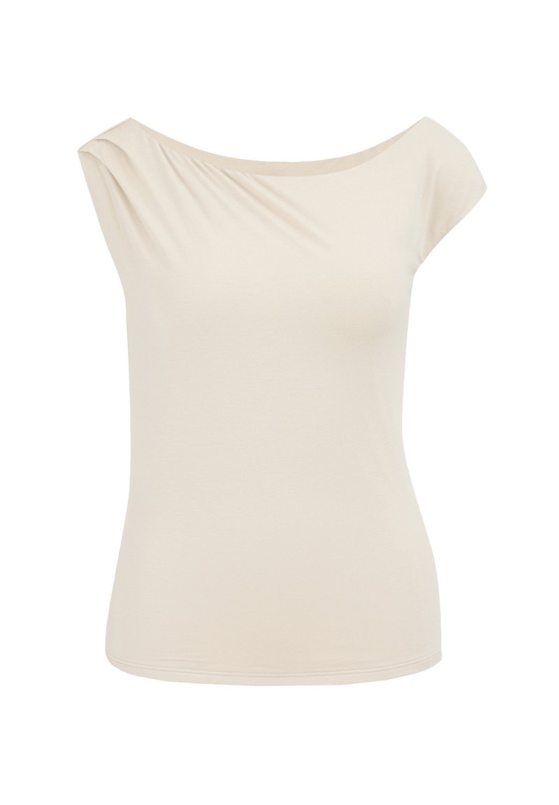 Beige Off-Shoulder-T-Shirt aus weichem Stoff, mit drapiertem Detail an der Schulter und einer figurschmeichelnden Silhouette, kurzen Ärmeln und einer glatten Textur.