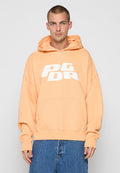 Helles orange Kapuzenpullover mit großem weißen 'PG DR'-Logo auf der Vorderseite, Kängurutasche und lockerer Passform. Hergestellt aus weichem, texturiertem Stoff.