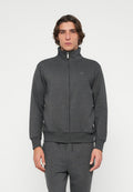 Dunkelgraue Reißverschlussjacke mit hohem Kragen, gerippten Bündchen und Saum sowie einem dezenten Logo auf der Brust. Weicher, strukturierter Stoff.