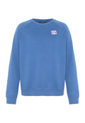 Blauer Pullover mit rundem Halsauschnitt, gerippten Bündchen und Saum. Verfügt über ein kleines Logo-Emblem auf der Brust. Weicher, strukturierter Stoff.