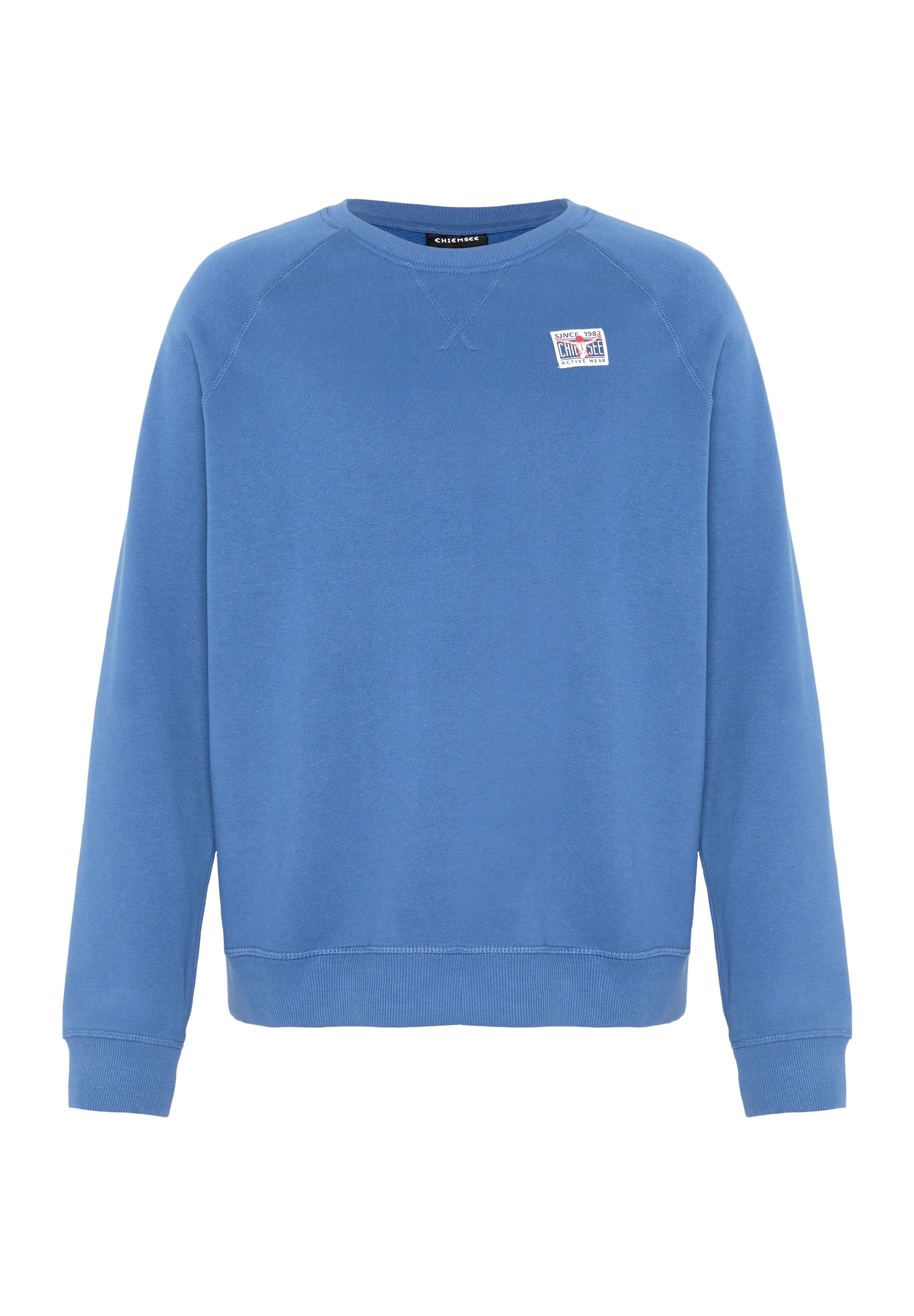 Blauer Pullover mit rundem Halsauschnitt, gerippten Bündchen und Saum. Verfügt über ein kleines Logo-Emblem auf der Brust. Weicher, strukturierter Stoff.