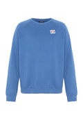 Blauer Pullover mit rundem Halsauschnitt, gerippten Bündchen und Saum. Verfügt über ein kleines Logo-Emblem auf der Brust. Weicher, strukturierter Stoff.