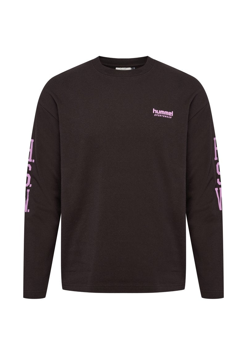Schwarz langärmliges Shirt aus Baumwolle. Verfügt über das pinke "hummel sportswear"-Logo auf der Brust und ein großes Textdesign auf den Ärmeln.