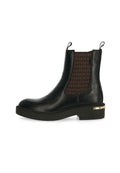 Schwarze Leder-Ankle Boots mit einem braunen gemusterten elastischen Seitenpaneel, runder Zehenform, flachem Plattformsohle und goldenem Akzent an der Ferse.