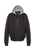 Schwarze Bomberjacke mit grauer Kapuze, Reißverschluss, Seitentaschen, gerippten Bündchen und Saum. Glatter Stoff mit leichtem Design.