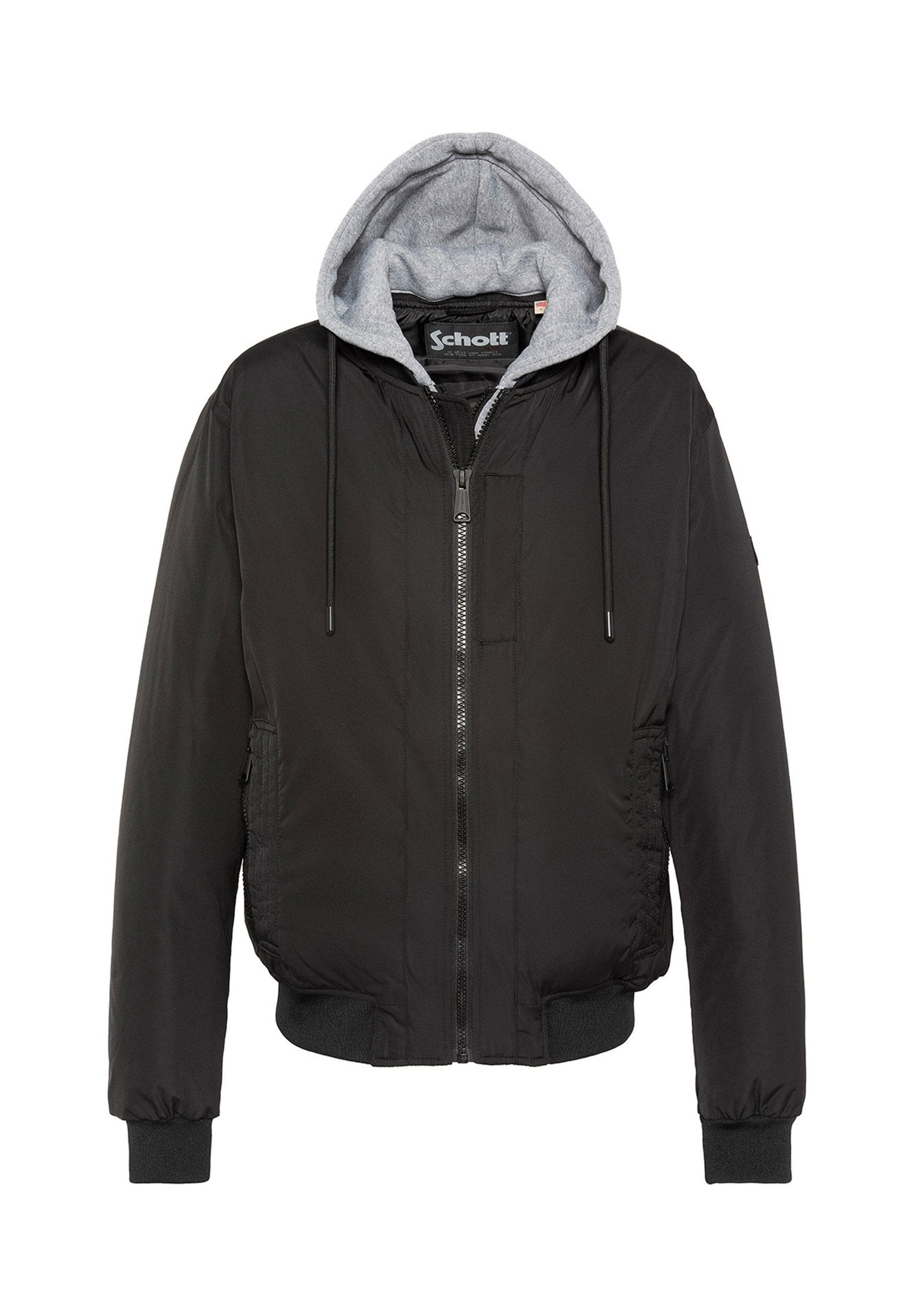 Schwarze Bomberjacke mit grauer Kapuze, Reißverschluss, Seitentaschen, gerippten Bündchen und Saum. Glatter Stoff mit leichtem Design.