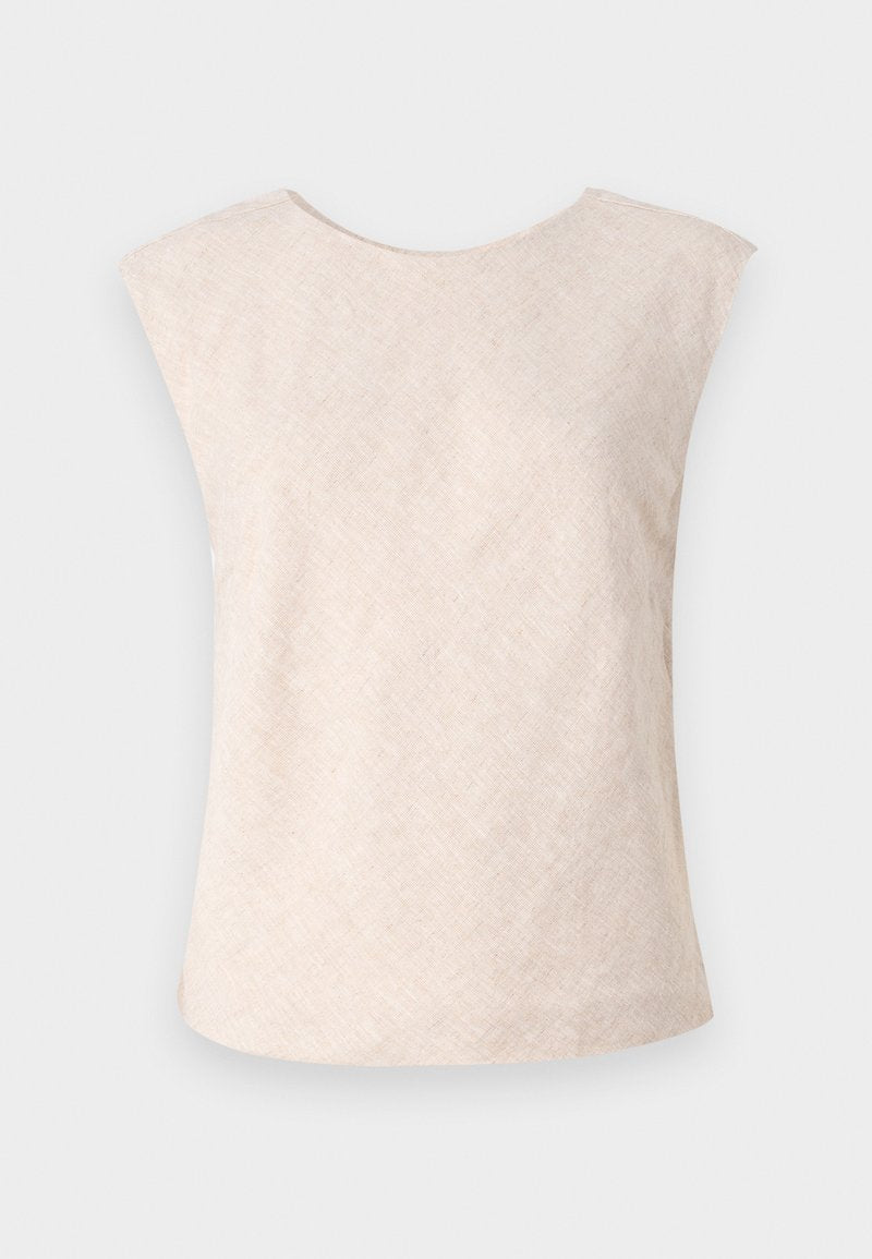 Hellbeige ärmelloses Top aus strukturiertem Stoff. Verfügt über einen runden Halsausschnitt und eine lockere, lässige Passform. Minimalistisches Design ohne sichtbare Verschlüsse.