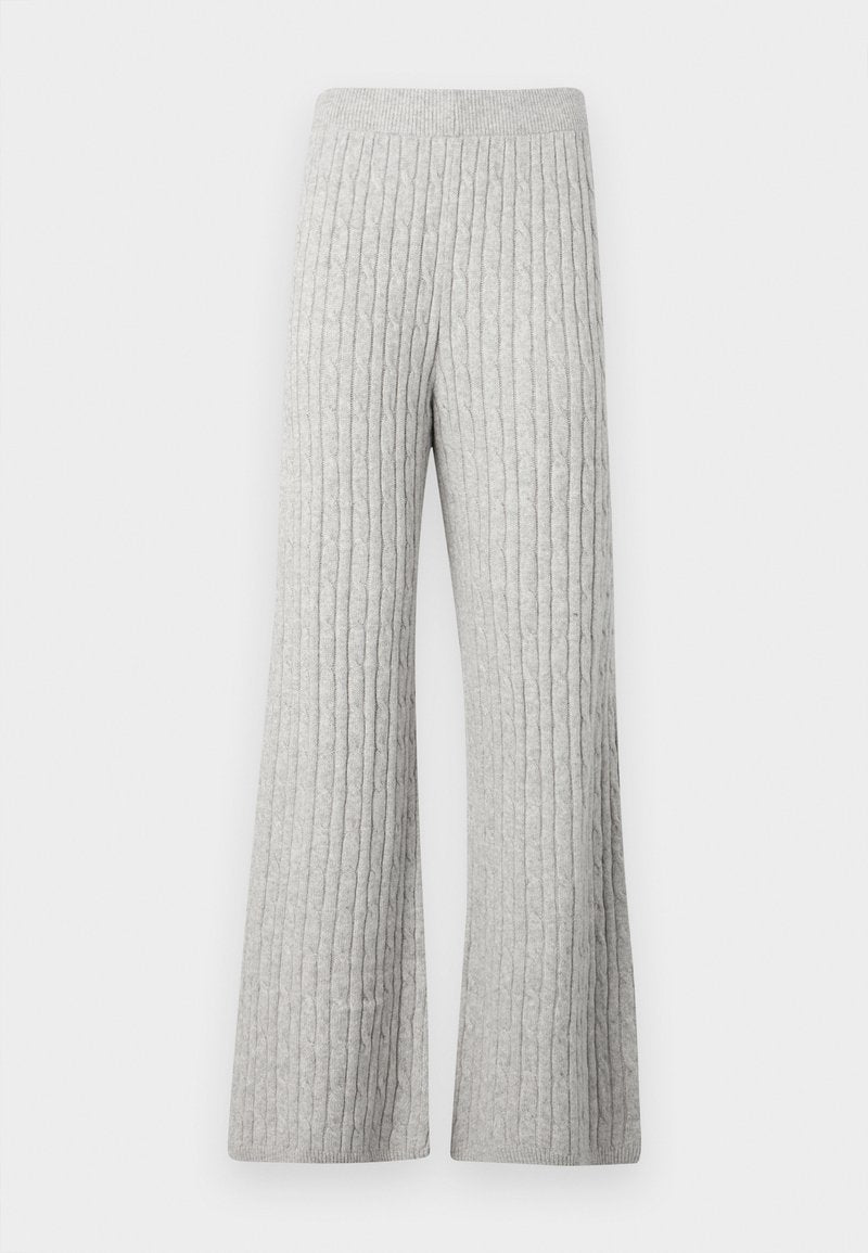 Grau gerippte gestrickte weit geschnittene Hosen mit einem strukturierten Muster und einem elastischen Bund, ausgestattet mit einer weichen Stoffoberfläche.