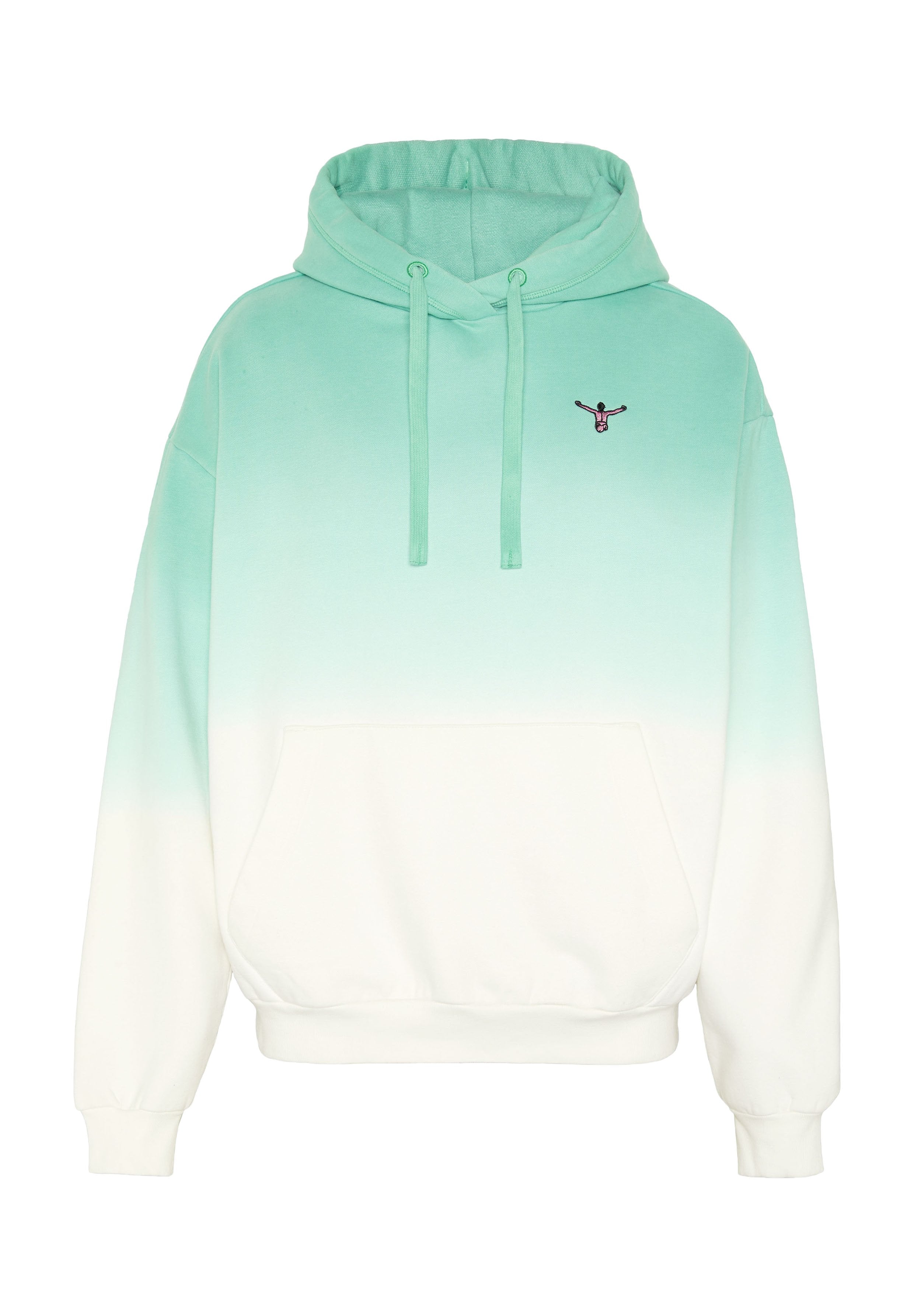 Hoodie mit Mintgrün-zu-Weiß-Verlauf, Fronttasche, Kordelzug an der Kapuze und kleiner bestickter Figur, die Gewichte hebt, auf der linken Brust.