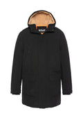 Schwarze Parka-Jacke mit Kapuze, ausgestattet mit einem beigefarbenen Fleecefutter, vorderen Pattentaschen mit Knöpfen und einem Reißverschluss mit orangefarbenem Akzent innen.