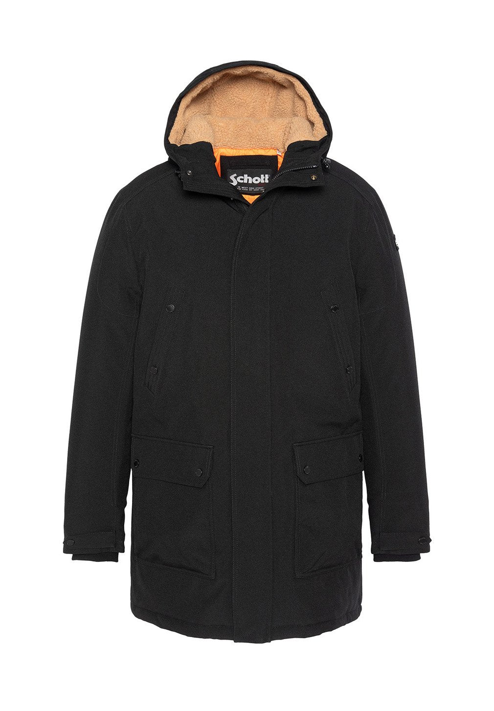 Schwarze Parka-Jacke mit Kapuze, ausgestattet mit einem beigefarbenen Fleecefutter, vorderen Pattentaschen mit Knöpfen und einem Reißverschluss mit orangefarbenem Akzent innen.