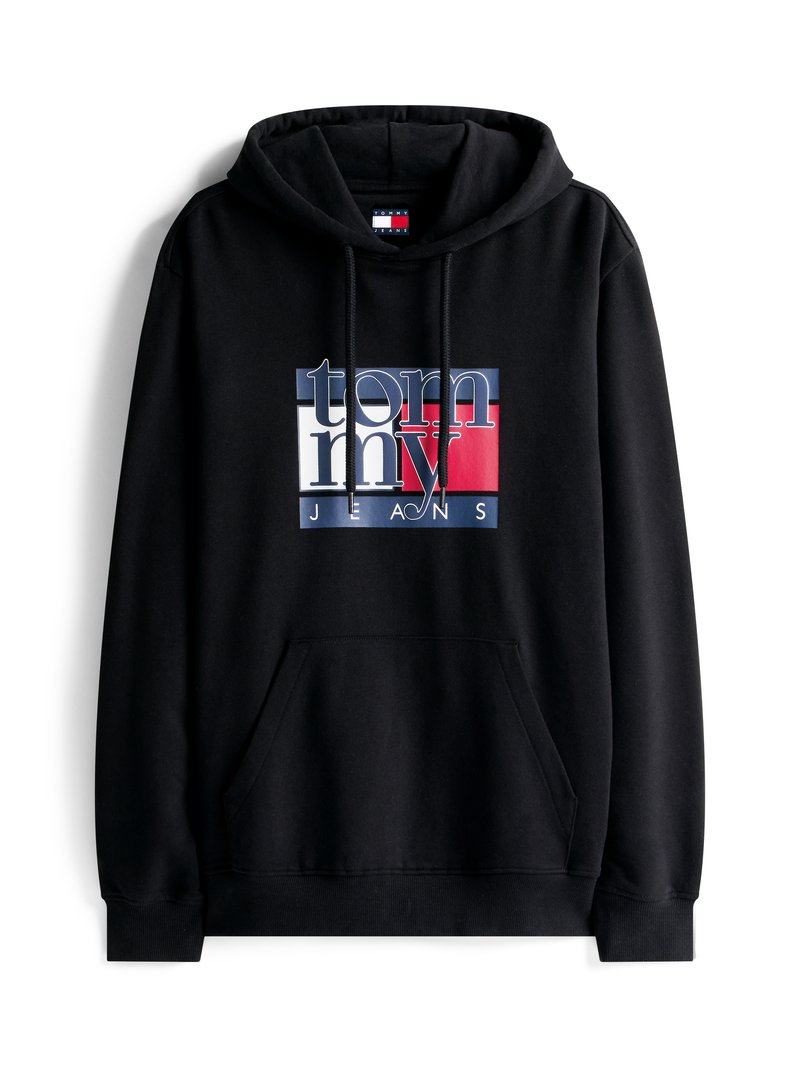 Schwarzer Hoodie aus Baumwolle mit einer vorderen Kängurutasche. Verfügt über ein mehrfarbiges Grafiklogo mit blauen, roten und weißen Akzenten.