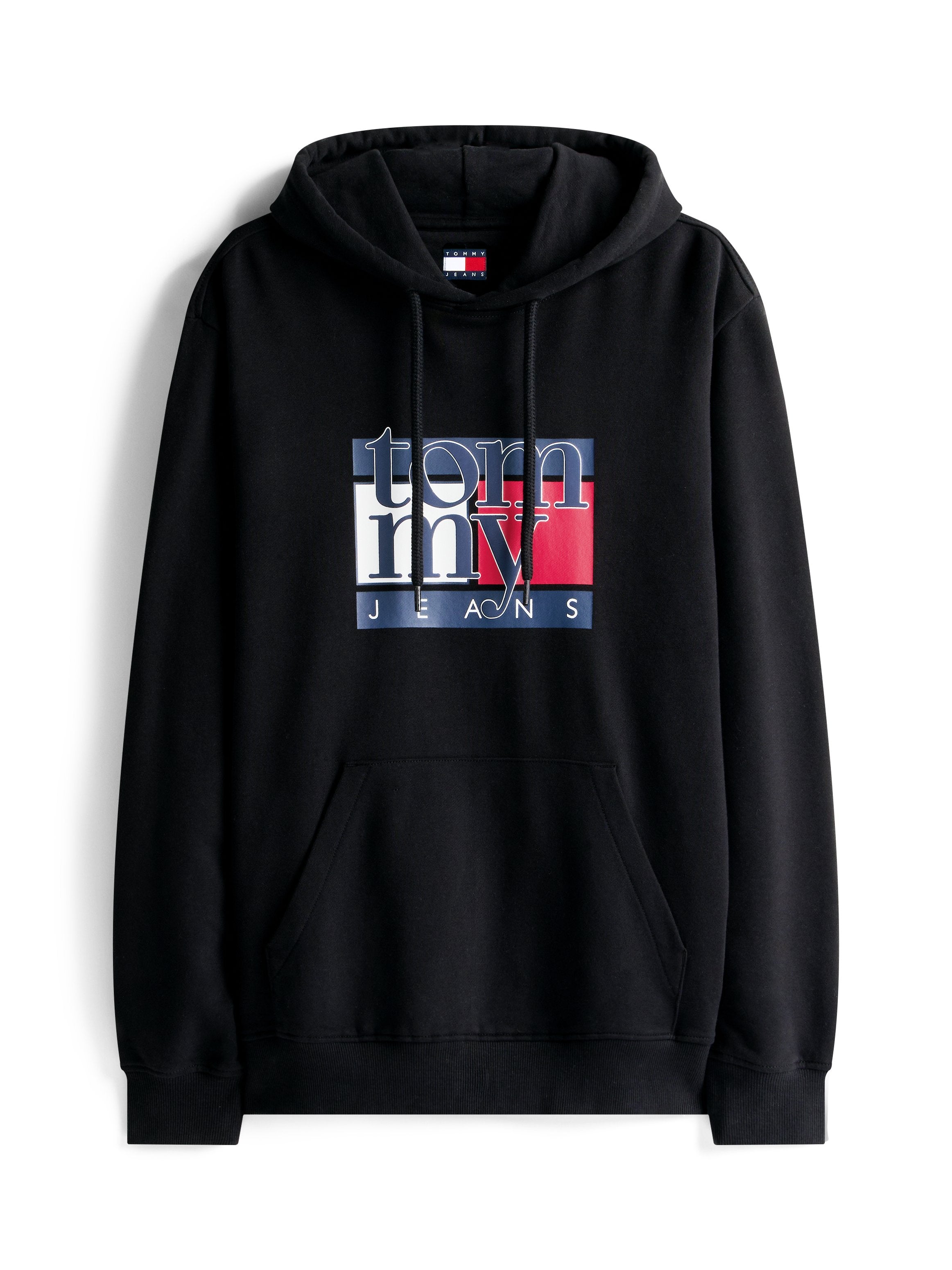 Schwarzer Hoodie aus Baumwolle mit einer vorderen Kängurutasche. Verfügt über ein mehrfarbiges Grafiklogo mit blauen, roten und weißen Akzenten.