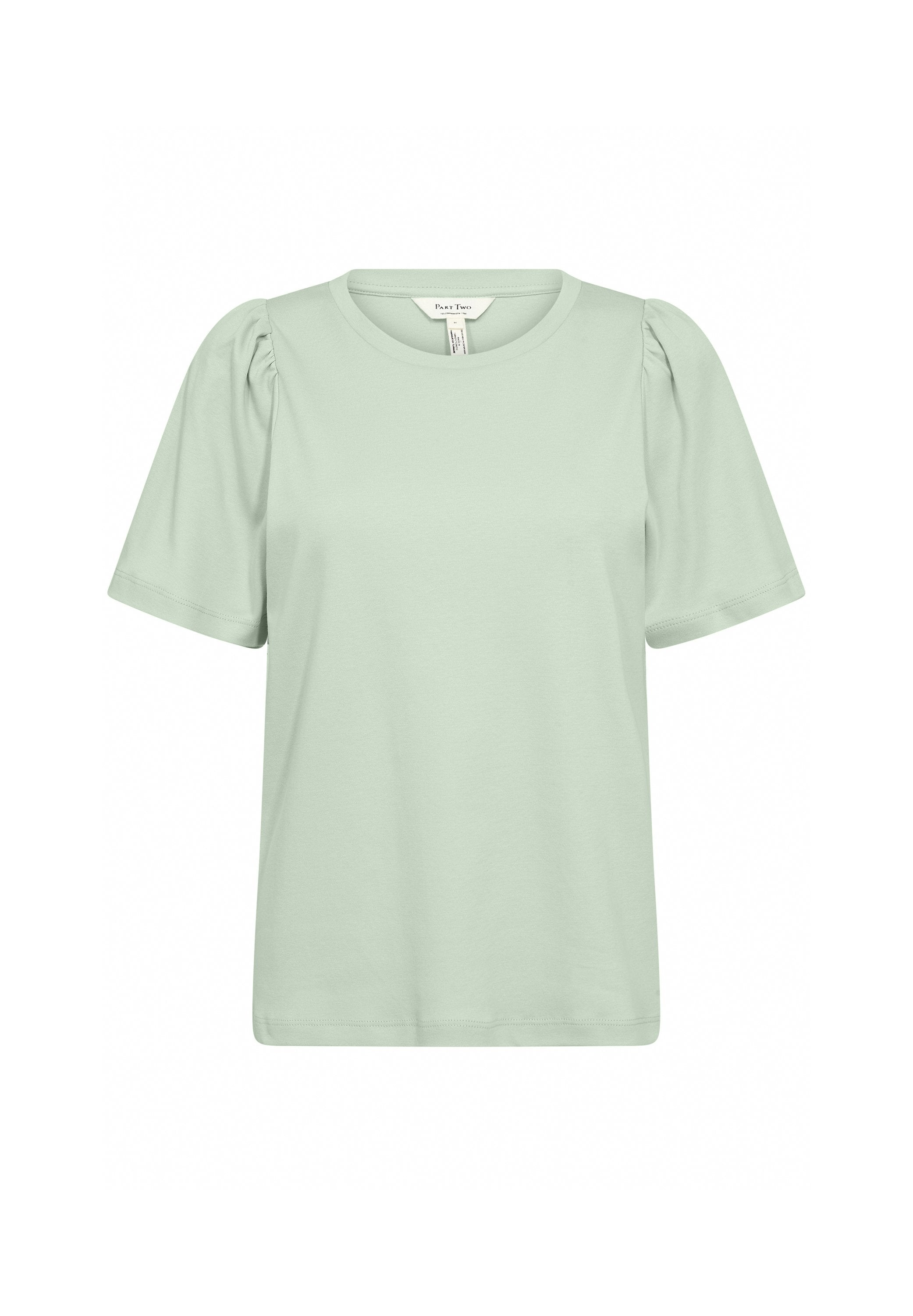Helles grünes T-Shirt mit kurzen Ärmeln, Rundhalsausschnitt und Puffärmeln. Hergestellt aus einem weichen, glatten Stoff mit normalem Schnitt.