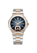Runde Aigner-Uhr mit blauem strukturiertem Zifferblatt, Roségold-Akzenten, silbernem Edelstahlarmband und Datumsanzeige unten.