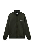 Dunkelgrüne Zip-Jacke aus glattem Material, mit Stehkragen, zwei seitlichen Taschen und einem weißen Logo auf der linken Brustseite.