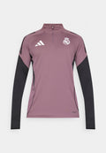 Hellviolettes Langarmshirt mit schwarzen Akzenten, Viertel-Reißverschlusskragen, mit einem Logo auf der Brust und dezent strukturiertem Stoff.