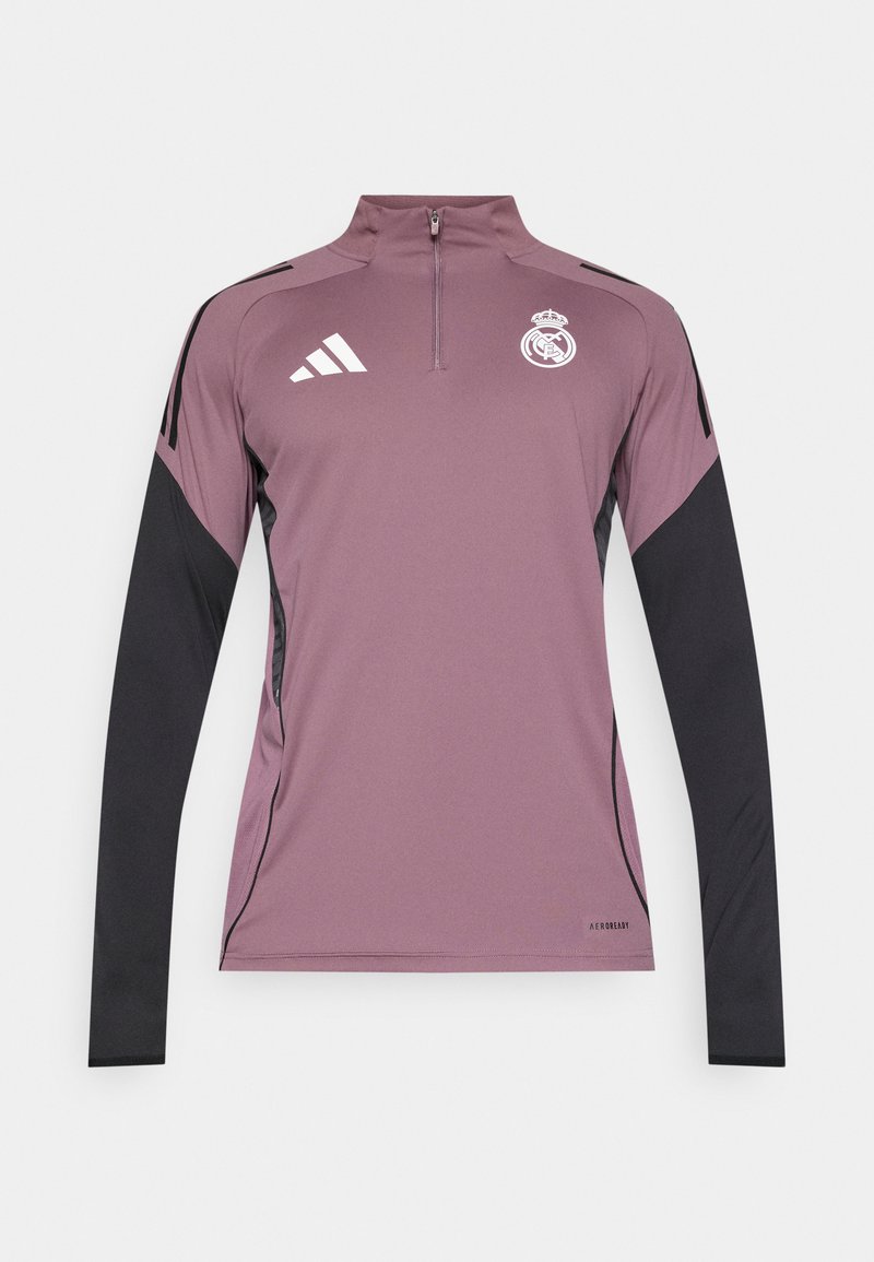 Hellviolettes Langarmshirt mit schwarzen Akzenten, Viertel-Reißverschlusskragen, mit einem Logo auf der Brust und dezent strukturiertem Stoff.