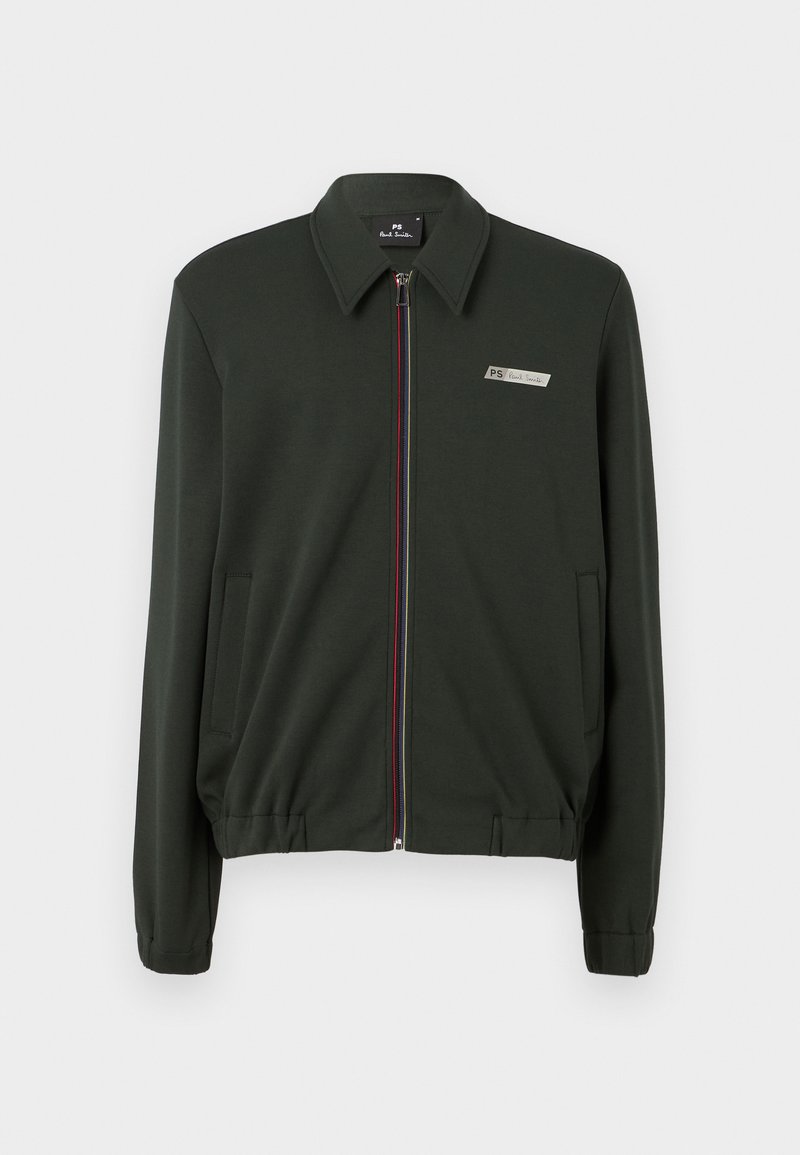 Dunkelgrüne Zip-Jacke aus glattem Stoff, mit Kragen, zwei seitlichen Taschen und mehrfarbigen Reißverschlussakzenten.
