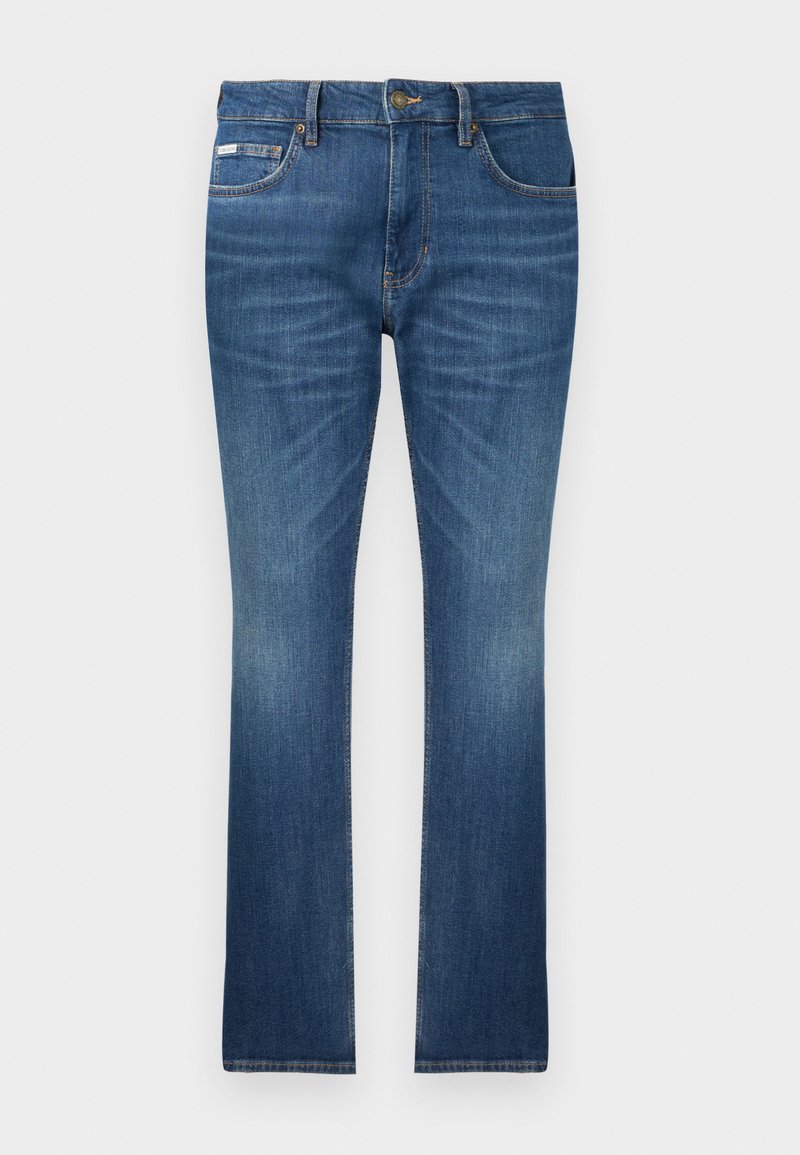 Blaue Jeans aus Denim mit leichter Verblassung an Oberschenkeln und Knien, Fünf-Taschen-Design, Knopfverschluss und geradem Bein.