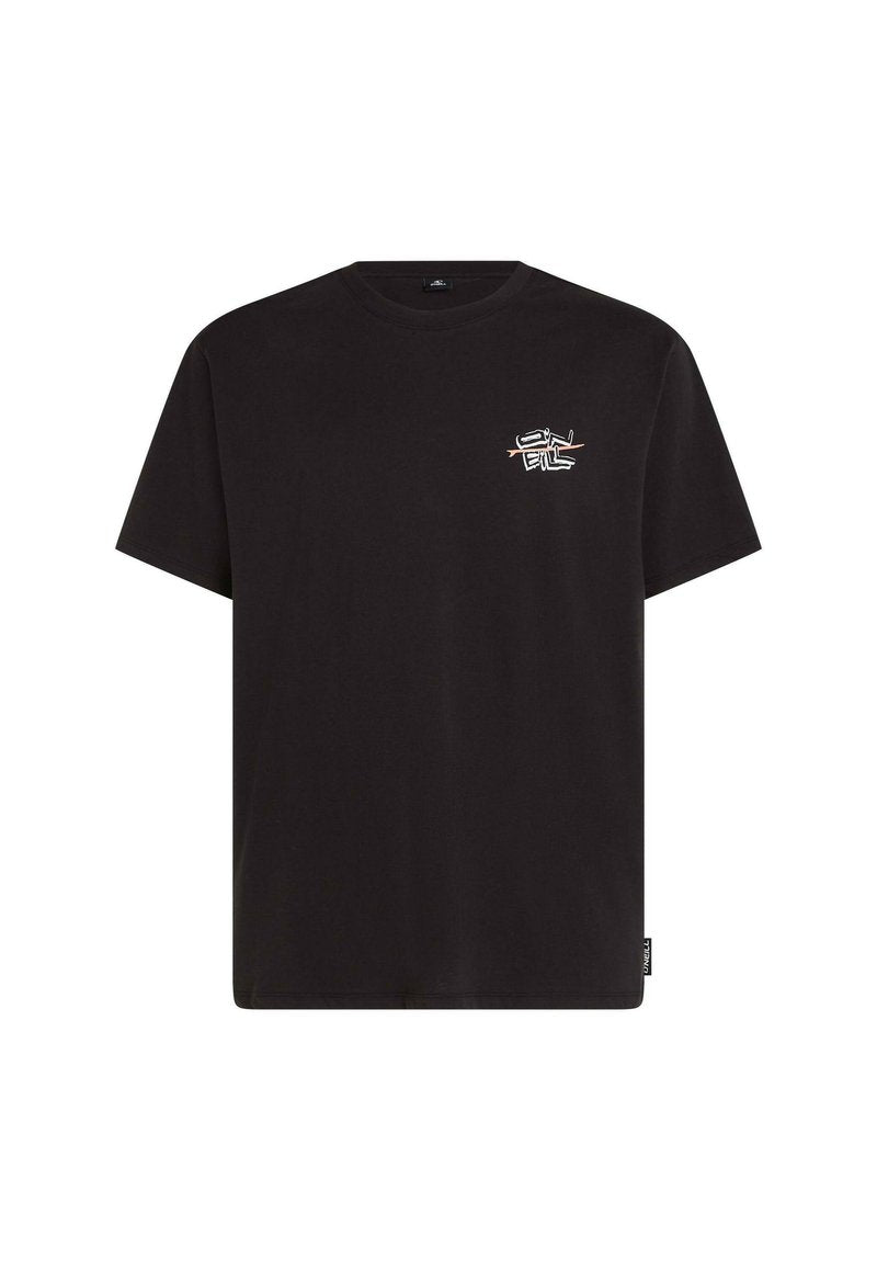 Schwarzes Baumwoll-T-Shirt mit rundem Ausschnitt. Verfügt über einen kleinen, farbenfrohen Grafikdruck auf der linken Brust. Kurze Ärmel, lockere Passform.