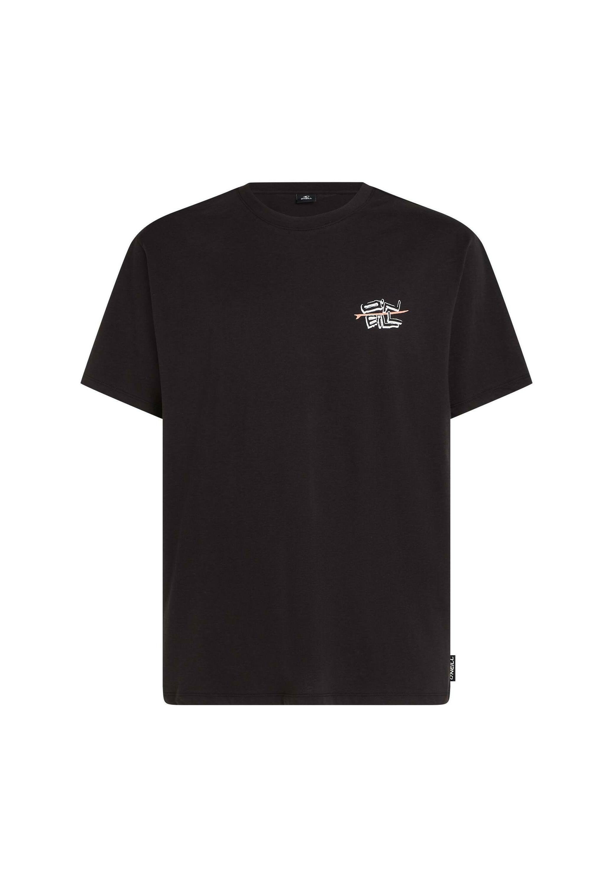 Schwarzes Baumwoll-T-Shirt mit rundem Ausschnitt. Verfügt über einen kleinen, farbenfrohen Grafikdruck auf der linken Brust. Kurze Ärmel, lockere Passform.