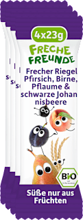 Fruchtriegel mit Getreide Pfirsich, Birne, Pflaume & schwarze Johannisbeere ab 3 Jahren, (4x23 g) Freche Freunde