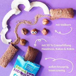Kindersnack Crunchy Sticks mit Cremefüllung Haselnuss, Kakao & Kokos ab 4 Jahren Freche Freunde