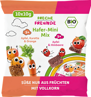 Kindersnack Hafer-Mini Mix Karotte, Apfel, Orange & Apfel, Himbeere ab 3 Jahren Freche Freunde
