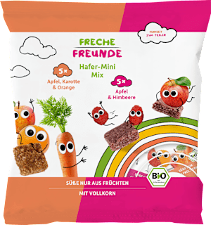 Kindersnack Hafer-Mini Mix Karotte, Apfel, Orange & Apfel, Himbeere ab 3 Jahren Freche Freunde