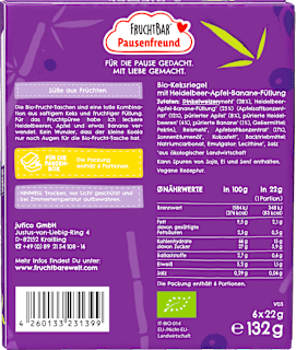 Kindersnack Pausenfreund Frucht-Tasche, Dinkel, Blaubeere, Apfel, Banane ab 3 Jahren (6x22 g)  FRUCHTBAR Pausenfreund