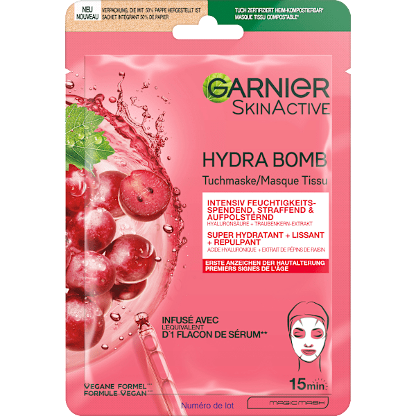 Anti Aging Tuchmaske Hydra Bomb Traube 	 Garnier Skin Active