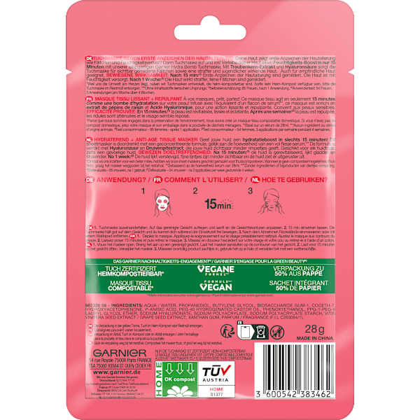Anti Aging Tuchmaske Hydra Bomb Traube 	 Garnier Skin Active