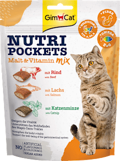 Katzenleckerli mit Rind, Lachs & Katzenminze, Nutri Pockets Malz-Vitamin Mix  GimCat