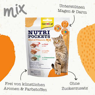 Katzenleckerli mit Rind, Lachs & Katzenminze, Nutri Pockets Malz-Vitamin Mix  GimCat