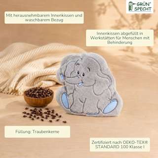 Traubenkern-Kissen Wärmezoo mit Bezug, Elefant  Grünspecht