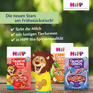 Kindermüsli Crunchy Dinos Waldbeere, ab 3 Jahren HiPP