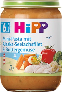 Menü Mini-Pasta mit Alaska-Seelachsfilet & Buttergemüse ab dem 6. Monat HiPP