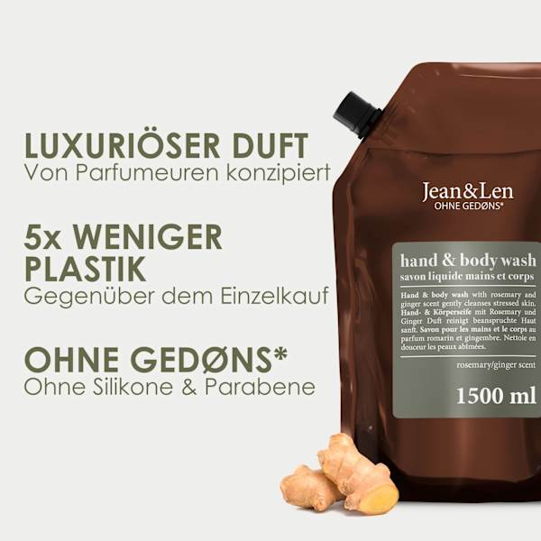 Flüssigseife rosemary & ginger, Rosmarin & Ingwer, Nachfüllpack Jean&Len