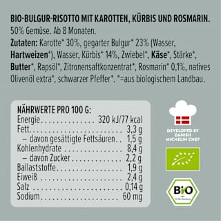 Menü Bulgur Risotto mit Karotten, Kürbis, Rosmarin, ab 8 Monaten LoveMade Organics