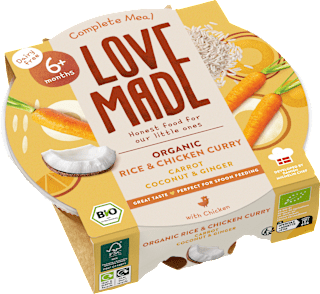 Menü Curry Reisgericht Karotte, Hähnchen, Kokos, Ingwer, ab 6 Monaten LoveMade Organics