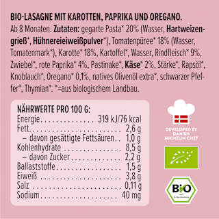 Menü Lasagne mit Karotten, Paprika, Oregano,  ab 8 Monaten LoveMade Organics