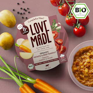 Menü mit Kartoffeln, Karotten, Rindfleisch, Thymian, ab 8 Monaten LoveMade Organics
